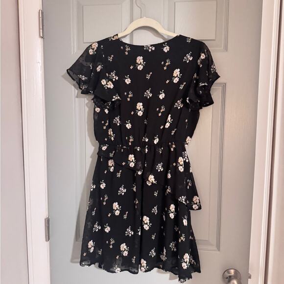 Altar'd State Black Ruffled Floral Mini Dress with Plunge Neckline - Picture 2 of 3
